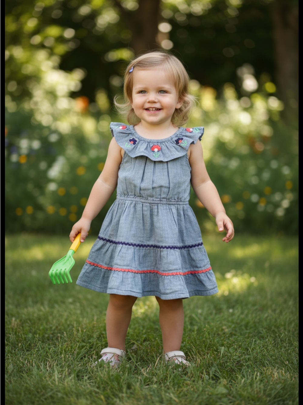 Mini Boden | Blue Chambray Dress with Tulip Applique Ruffle | 3-4 years